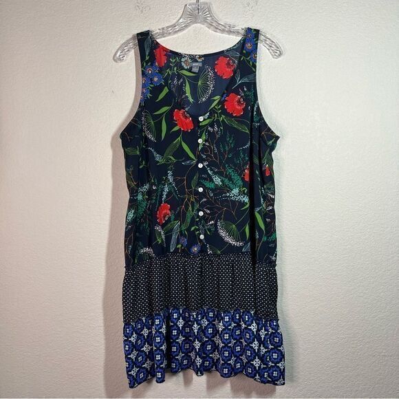 Aerie Women's Navy Floral Button Front Sleeveless Shift‎ Dress Large V-Neck - Picture 1 of 7